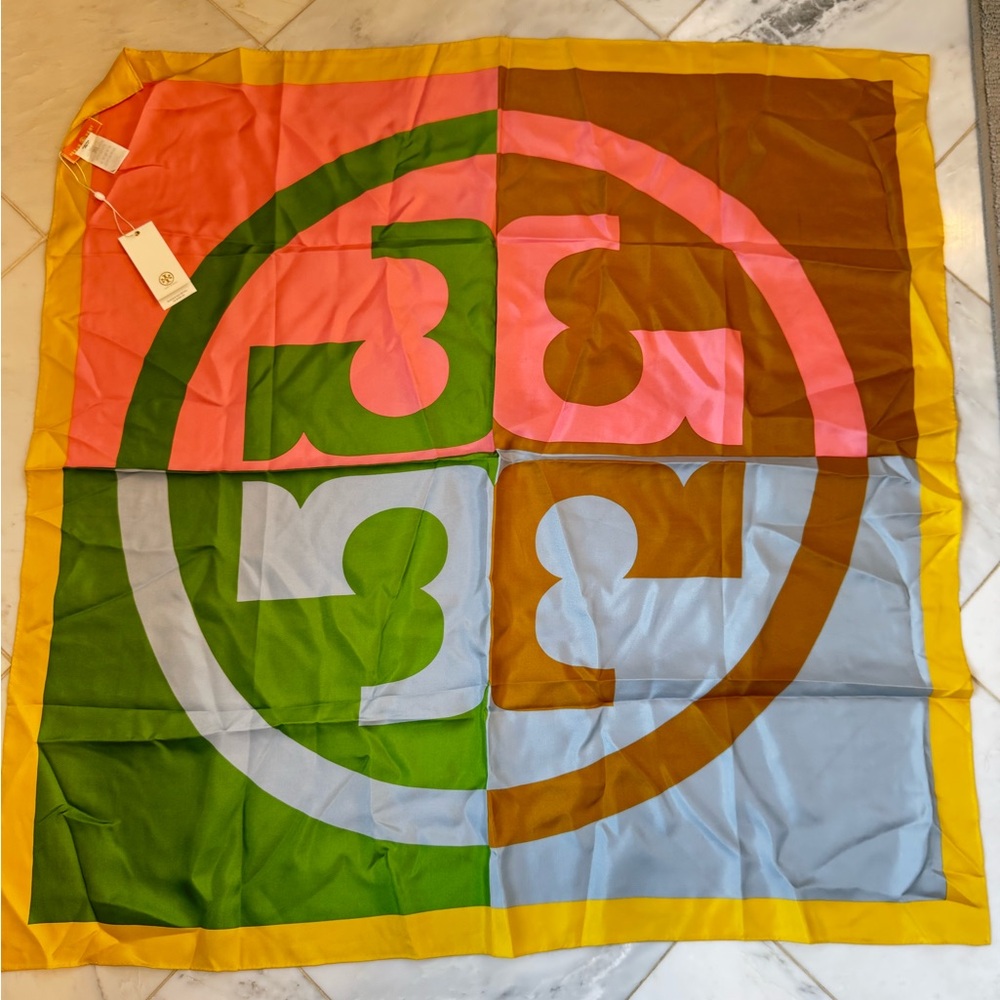 Tory Burch Pink and Green Silk Scarf